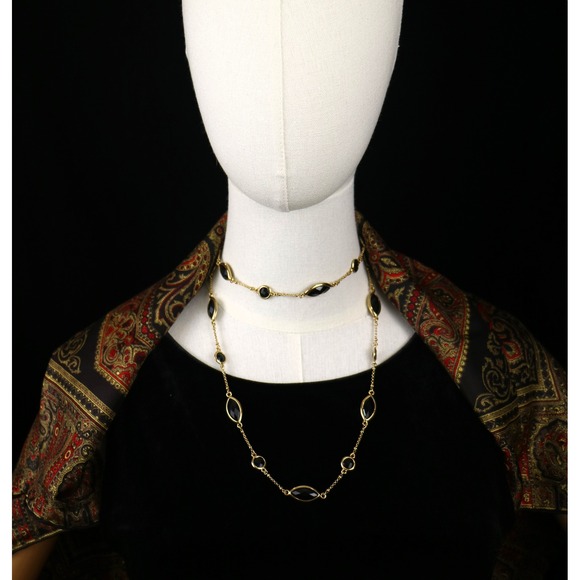 Monet Jewelry - Vintage Monet Black Faceted Glass Station Necklace Gold Tone Long Chain 36" Rope